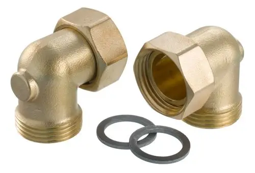 Zwei messingfarbene Winkelarmaturen mit Schraubanschluss und Dichtungsringen, geeignet für verschiedene Installationen. Hersteller: Danfoss.